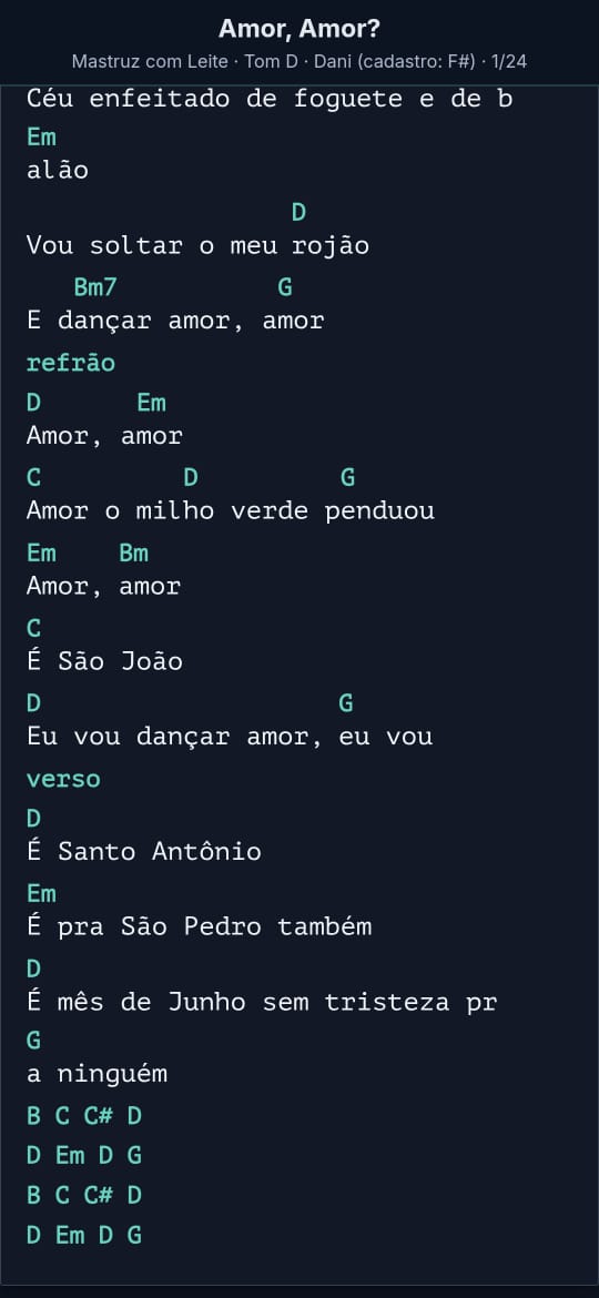 Modo Tocar no celular — cifra em tela cheia com transposição e auto-scroll